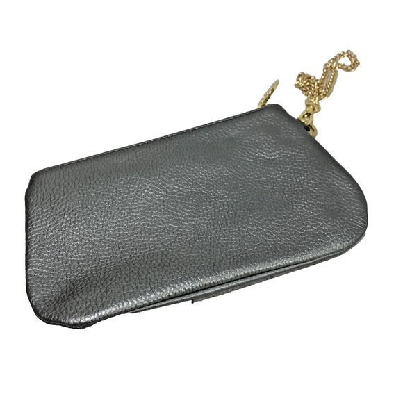 Tory Burch Silvery Gray Metallic Leather Wristlet Wallet Pouch Detachable Chain - Picture 2 of 8